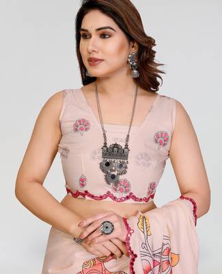 cream manipuri silk kalamkari print saree with mirror work border 4