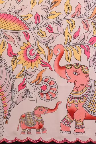 cream manipuri silk kalamkari print saree with mirror work border