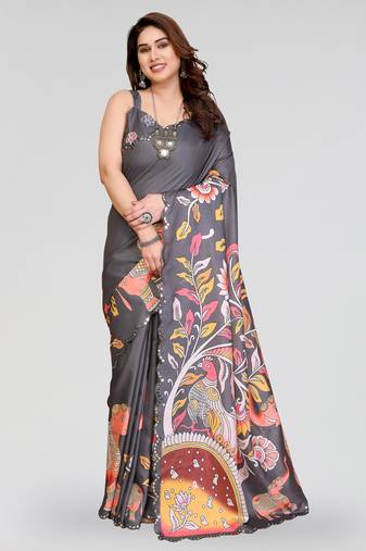 grey manipuri silk kalamkari print saree with mirror work border