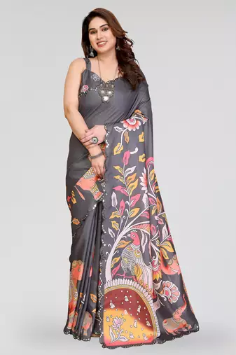 Grey manipuri silk kalamkari digital print saree with mirror work border