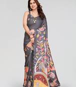 grey manipuri silk kalamkari print saree with mirror work border