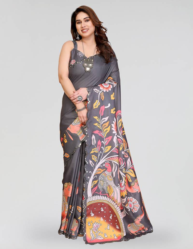 Grey manipuri silk kalamkari digital print saree with mirror work border