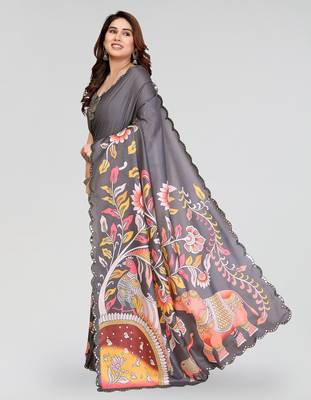 grey manipuri silk kalamkari print saree with mirror work border 2