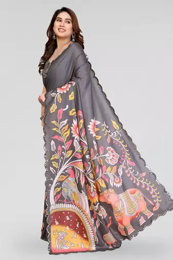 grey manipuri silk kalamkari print saree with mirror work border