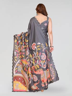 grey manipuri silk kalamkari print saree with mirror work border 3