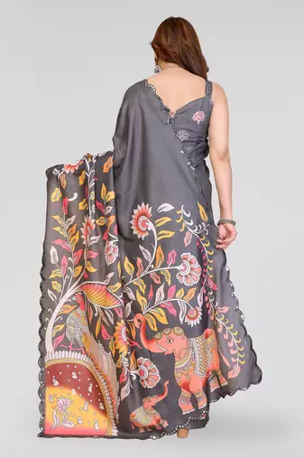 grey manipuri silk kalamkari print saree with mirror work border