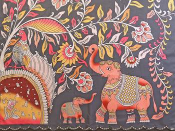 grey manipuri silk kalamkari print saree with mirror work border 5