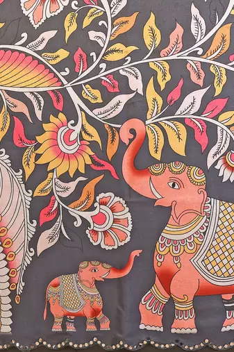 grey manipuri silk kalamkari print saree with mirror work border