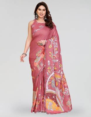 peach manipuri silk kalamkari print saree with mirror work border 1