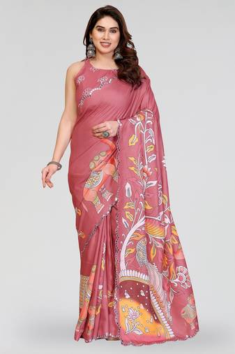 peach manipuri silk kalamkari print saree with mirror work border