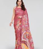 peach manipuri silk kalamkari print saree with mirror work border