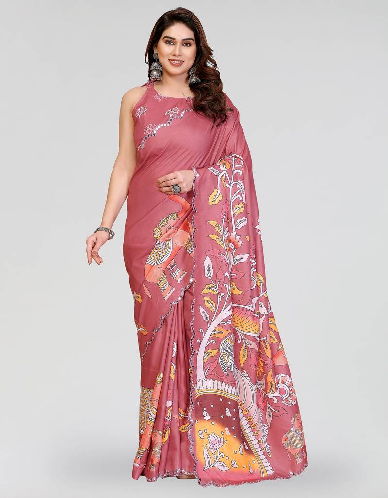 Peach manipuri silk kalamkari digital print saree with mirror work border