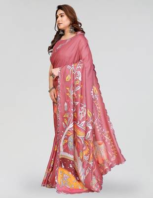 peach manipuri silk kalamkari print saree with mirror work border 2