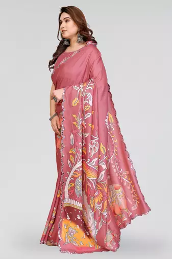 peach manipuri silk kalamkari print saree with mirror work border