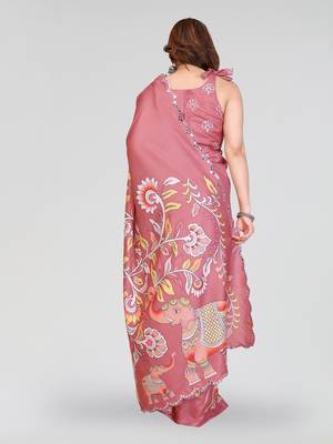 peach manipuri silk kalamkari print saree with mirror work border 3