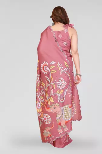 peach manipuri silk kalamkari print saree with mirror work border