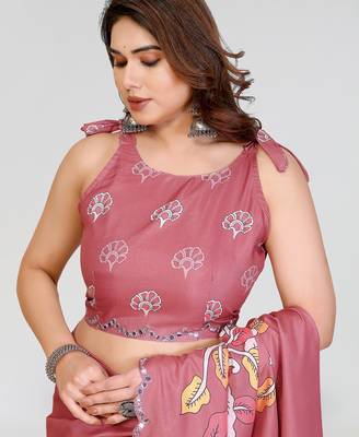 peach manipuri silk kalamkari print saree with mirror work border 4