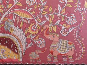 peach manipuri silk kalamkari print saree with mirror work border 5