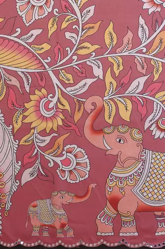 peach manipuri silk kalamkari print saree with mirror work border