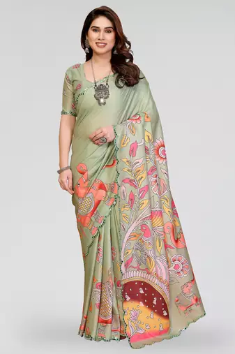 Pista manipuri silk kalamkari digital print saree with mirror work border