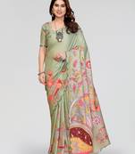 pista manipuri silk kalamkari print saree with mirror work border