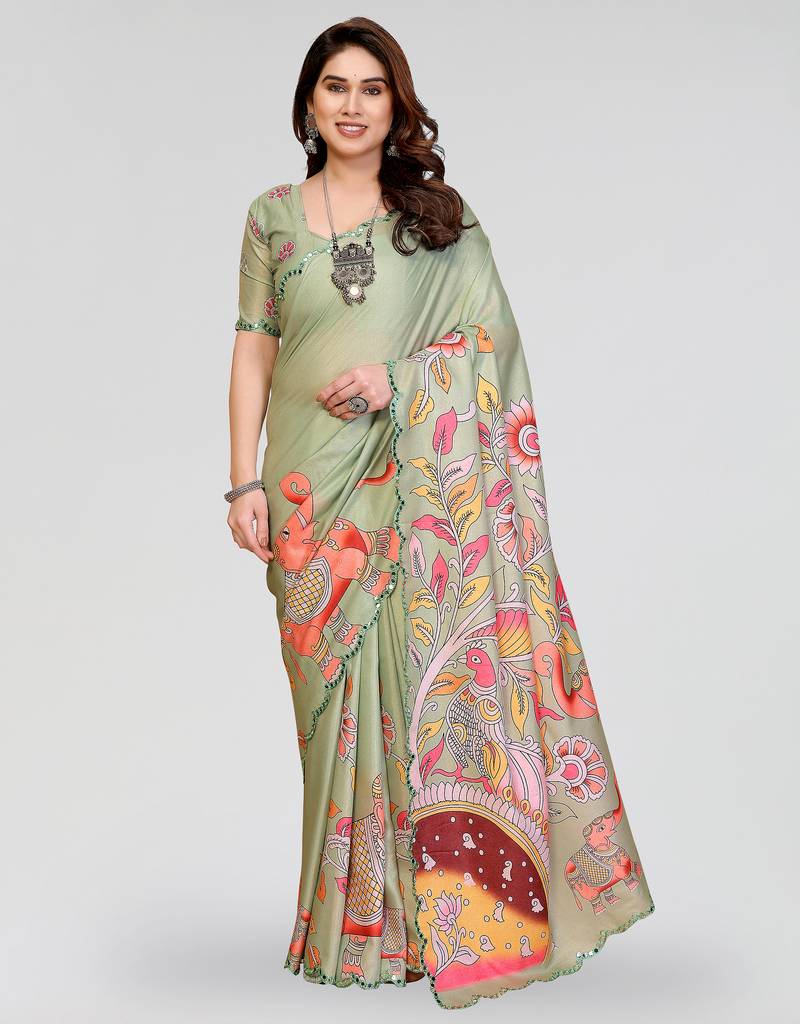 Pista manipuri silk kalamkari digital print saree with mirror work border