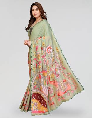pista manipuri silk kalamkari print saree with mirror work border 2