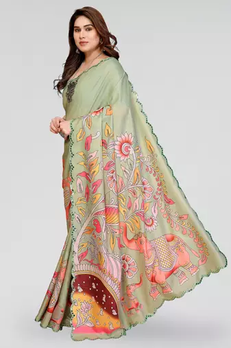 pista manipuri silk kalamkari print saree with mirror work border