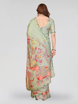 pista manipuri silk kalamkari print saree with mirror work border 3