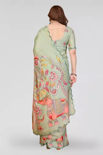 pista manipuri silk kalamkari print saree with mirror work border