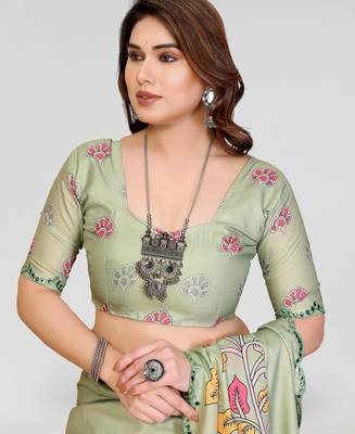pista manipuri silk kalamkari print saree with mirror work border 4