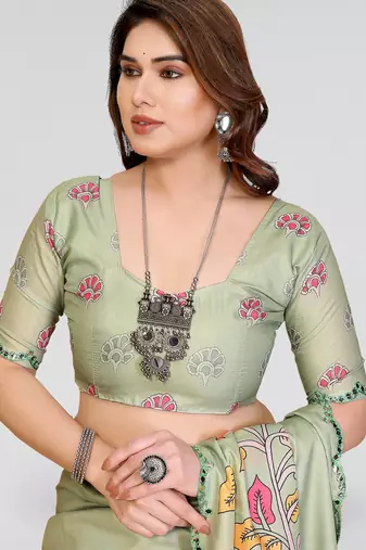 pista manipuri silk kalamkari print saree with mirror work border