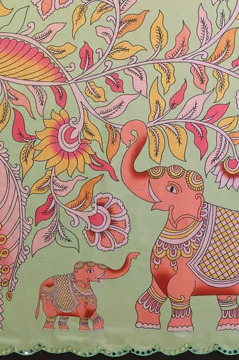 pista manipuri silk kalamkari print saree with mirror work border