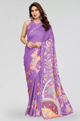 Purple manipuri silk kalamkari digital print saree with mirror work border