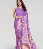 purple manipuri silk kalamkari print saree with mirror work border