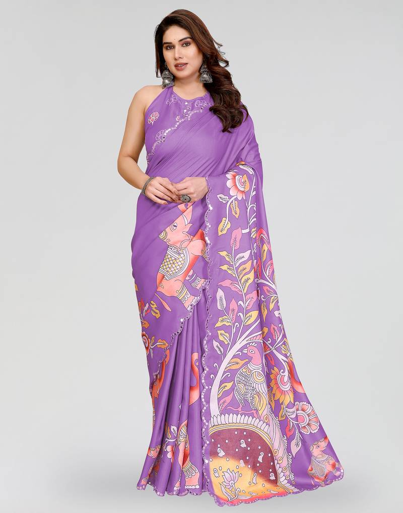 Purple manipuri silk kalamkari digital print saree with mirror work border