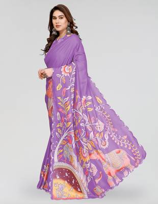 purple manipuri silk kalamkari print saree with mirror work border 2