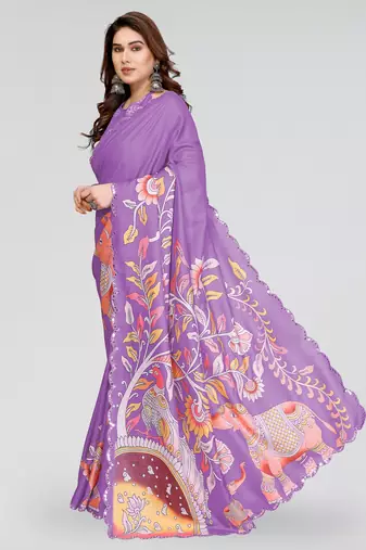 purple manipuri silk kalamkari print saree with mirror work border
