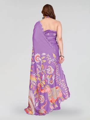 purple manipuri silk kalamkari print saree with mirror work border 3