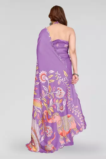 purple manipuri silk kalamkari print saree with mirror work border