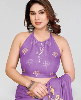 purple manipuri silk kalamkari print saree with mirror work border 4