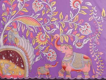 purple manipuri silk kalamkari print saree with mirror work border 5