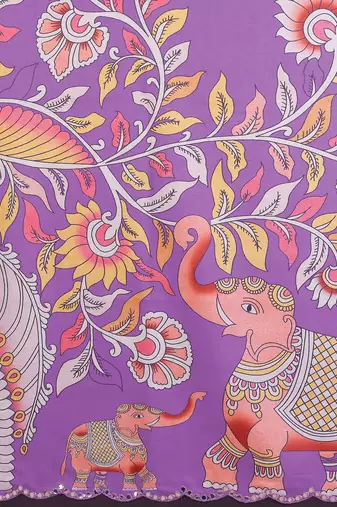 purple manipuri silk kalamkari print saree with mirror work border