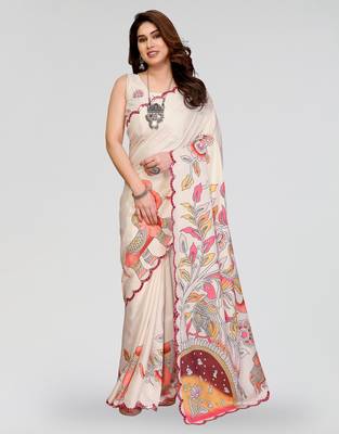 white manipuri silk kalamkari print saree with mirror work border 1