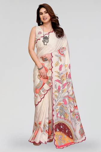 white manipuri silk kalamkari print saree with mirror work border