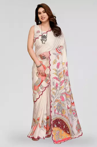 White manipuri silk kalamkari digital print saree with mirror work border