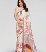 white manipuri silk kalamkari print saree with mirror work border