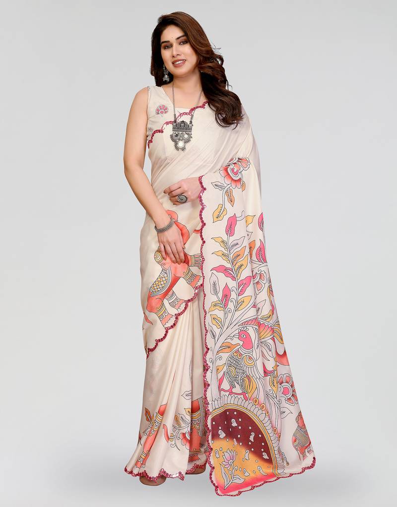 White manipuri silk kalamkari digital print saree with mirror work border