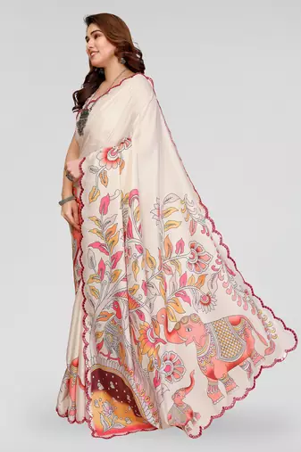 white manipuri silk kalamkari print saree with mirror work border