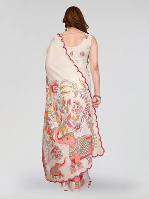 white manipuri silk kalamkari print saree with mirror work border 3